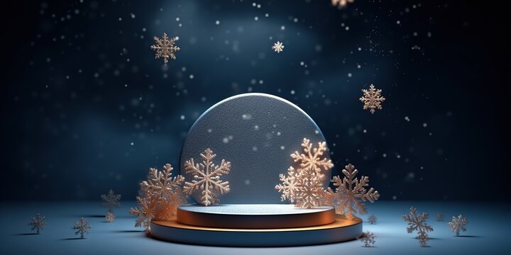 Nowflakes and snow. Realistic product podium for Christmas winter and christmas discount design