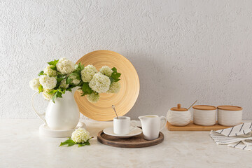 Interior ideas for kitchen countertops and utensils in white tones. elements of modern decor. The concept of a cozy home without waste.