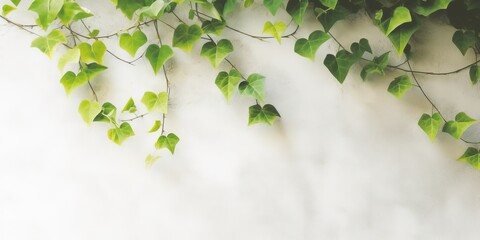 Plant vine with green leaves on white wall background, copy space