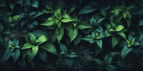 Plants moody background, flowerbuds and leaves texture, wide banner size