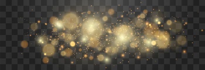 Bokeh lights effect isolated on png background. Soft blured bokeh and lights. Festive golden luminous background. Vector Christmas concept isolated on transparent background - obrazy, fototapety, plakaty