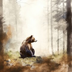 watercolor large brown bear sitting amidst a thick forest Generative Ai