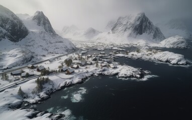 Fototapeta na wymiar Beautiful landscape with blue sea, snowy mountains, rocks and islands, Lofoten islands, Norway. Top view, Generative AI
