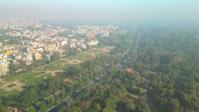 Delhi: Aerial view of capital city of India in spring - landscape panorama of South Asia from above