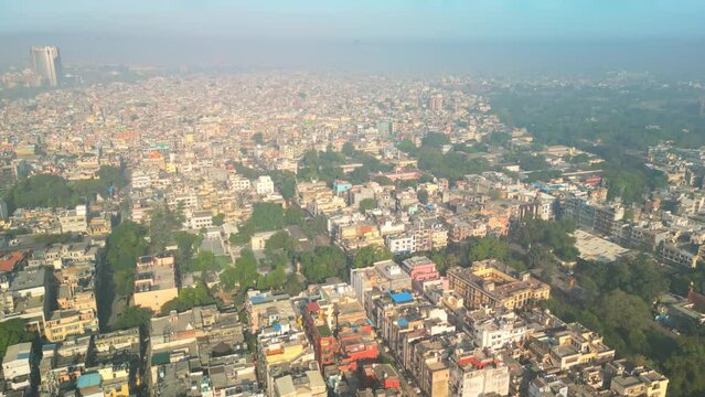 Delhi: Aerial view of capital city of India in spring - landscape panorama of South Asia from above