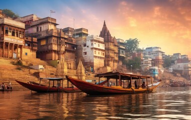 Obraz premium Varanasi city with ancient architecture. View of the holy Manikarnika ghat at Varanasi India at sunset, Generative AI