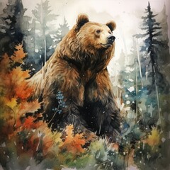 watercolor large brown bear sitting amidst a thick forest Generative Ai