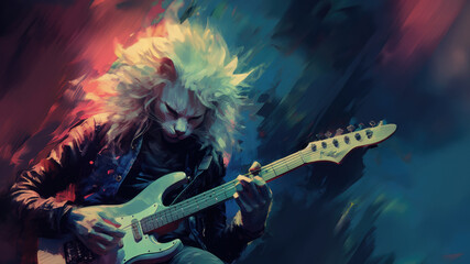 Fototapeta na wymiar Hard rock metal guitarist cat with unruly long fur hair and cool leather jacket playing an electric guitar on concert stage - insanely wild and unique feline portraiture illustration - generative AI 
