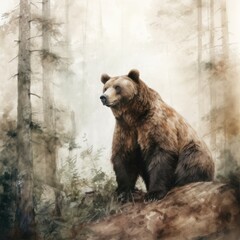 watercolor large brown bear sitting amidst a thick forest Generative Ai