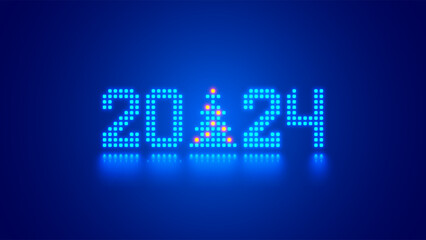 2024 digits, Christmas tree consist glowing pixels in technology style on blue background. New Year card or digital tech calendar poster. Logo of 2024 year hanging over reflection polished surface.