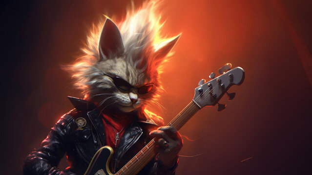 Hard rock metal guitarist cat with unruly long fur hair and cool leather jacket playing an electric guitar on concert stage - insanely wild and unique feline portraiture illustration - generative AI 
