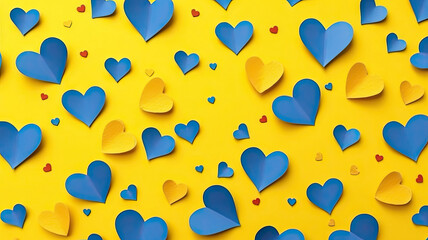 Valentine's day background. Paper hearts on a yellow background. Ukraine concept. Generative AI.