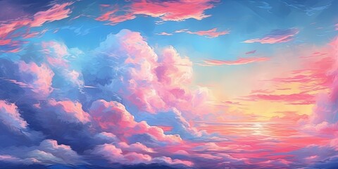 Sunset sky panorama, pink blue clouds background, cloudscape, wide large banner size