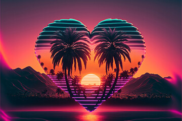 Heart shape sunset, Retro wave sunset, Valentine's day, style of synth wave artwork, background