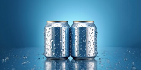 Two aluminum beer cans on blue background with water drops