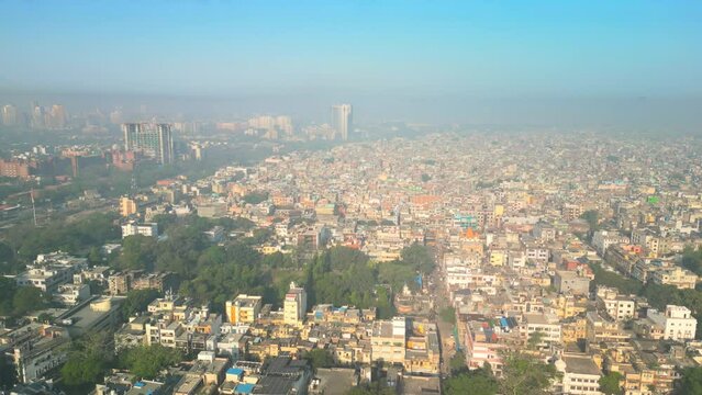 Delhi: Aerial view of capital city of India in spring - landscape panorama of South Asia from above