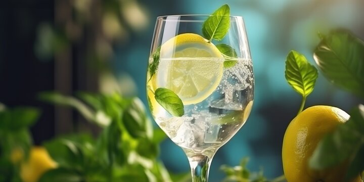 Water with ice lemon and mint leaves in wine glass, vertical shot