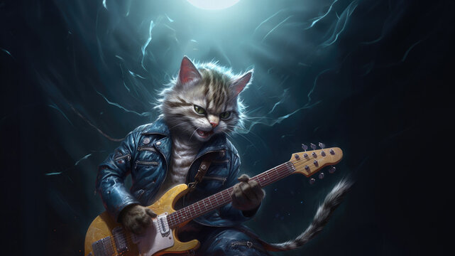 Hard rock metal guitarist cat with unruly long fur hair and cool leather jacket playing an electric guitar on concert stage - insanely wild and unique feline portraiture illustration - generative AI 