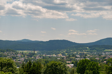 Scenic overview of the town Zwiesel in Bavaria, Germany on sunny day with clouds