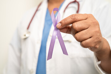 Asian woman doctor with purple ribbon, sign of Alzheimer disease day, Pancreatic cancer, Epilepsy,...