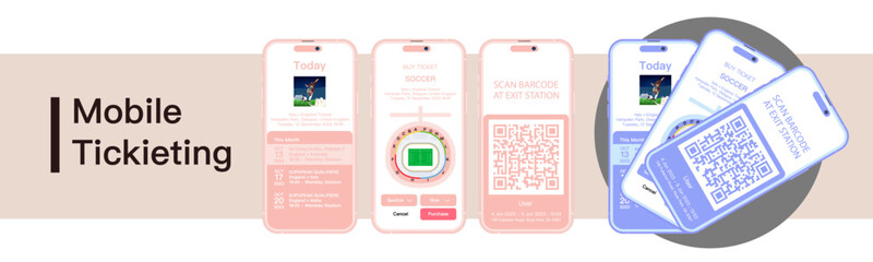 Mobile Ticketing. Booking football, hockey, basketball ticket online via internet smartphone infographic. Sport Tickets Concept Mobile Interface Design, Web or Software Template. Vector.