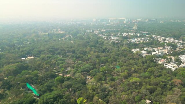 Delhi: Aerial view of capital city of India in spring - landscape panorama of South Asia from above