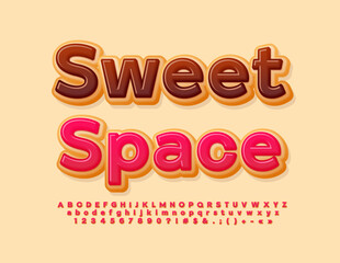 Vector delicious emblem Sweet Space. Pink glazed Alphabet Letters, Numbers and Symbols set. Donut style Font