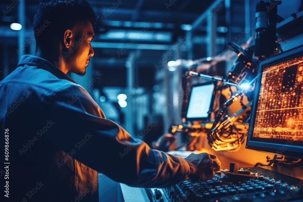 Poster engineer control welding robotics arms machine,, generative ai