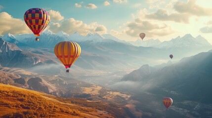 Colorful balloons flying over mountain, Generative AI