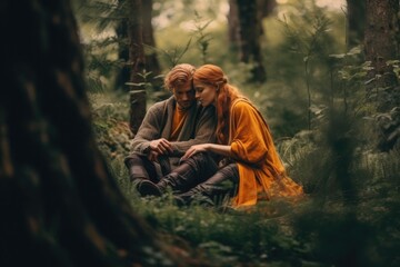 couple is hugging and sitting close in the forest, Generative AI