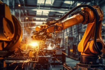 Engineer control welding robotics arms machine,, Generative AI