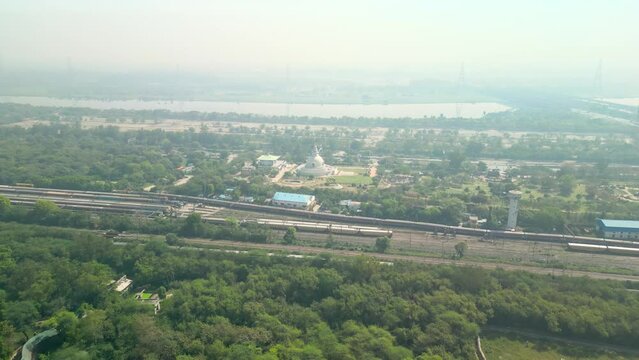 Delhi: Aerial view of capital city of India in spring - landscape panorama of South Asia from above