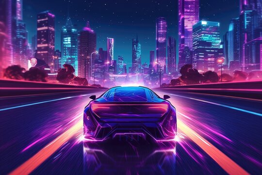 Driving in night, empty cockpit of vehicle, self-driving vehicle, Generative AI
