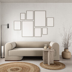 Various picture frames on wall in modern livingroom. Mock up interior in contemporary scandinavian style. Free, copy space for picture. Group of frames. 3D rendering. High quality 3d illustration