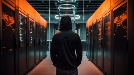 man in a hoody stands in front of modern high-tech data-center, ai tools generated image