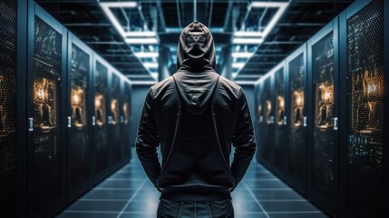 Fototapeta na wymiar man in a hoody stands in front of modern high-tech data-center, ai tools generated image