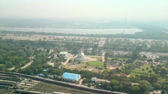 Delhi: Aerial view of capital city of India in spring - landscape panorama of South Asia from above