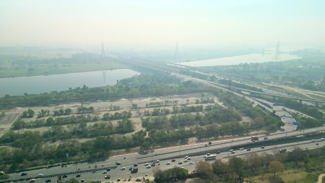 Delhi: Aerial view of capital city of India in spring - landscape panorama of South Asia from above