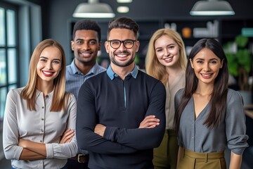 Group of people of different ages pose and smile at the camera at office. Ai generated.