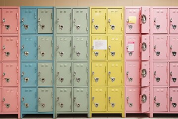 School lockers of various colors, front view. Ai generated.