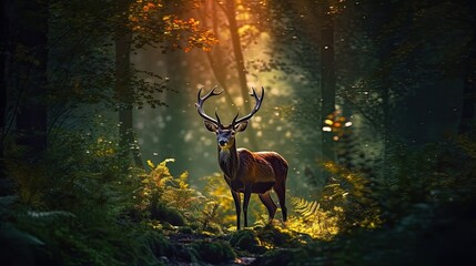 Deer in Forest Sunlight with Tree Reflection Generative Ai