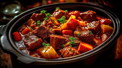 Beef Stew in a slow-cooker, ready to serve. Generative AI - obrazy, fototapety, plakaty