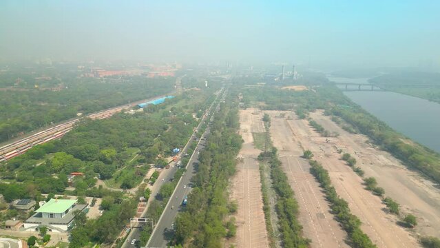 Delhi: Aerial view of capital city of India in spring - landscape panorama of South Asia from above