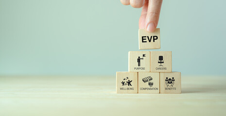 Employee value proposition (EVP)  strategy concept. Attract, motivate and retain talented employees in a competitive job market through the corporate culture and benefits offering. - obrazy, fototapety, plakaty