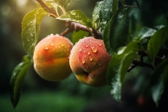 Fresh peaches with rain drops of water. Natural Fruit growing on a tree in the summer. Garden with ripened fruits. Delicious and healthy organic nutrition.  Copy space. Generative AI.