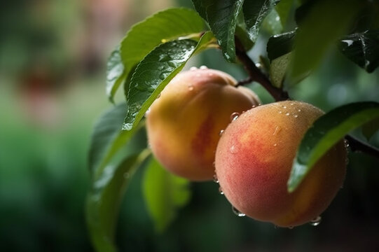 Fresh peaches wih drops of water. Natural Fruit growing on a tree in the summer. Garden with ripened fruits. Delicious and healthy organic nutrition.  Copy space. Generative AI.