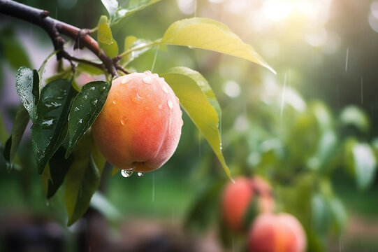 Fresh peaches with rain drops of water. Natural Fruit growing on a tree in the summer. Garden with ripened fruits. Delicious and healthy organic nutrition.  Copy space. Generative AI.