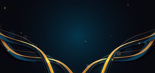 Abstract gold ribbon on blue background with lighting effect bokeh and copy space for text. Luxury design style.