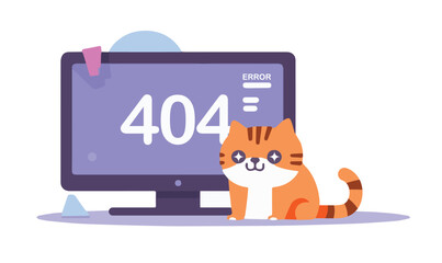 Cute cartoon kawaii cat 404 error, page not found. Webpage failure. Flat vector illustration isolated on white background. - obrazy, fototapety, plakaty