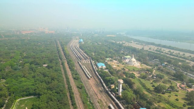 Delhi: Aerial view of capital city of India in spring - landscape panorama of South Asia from above